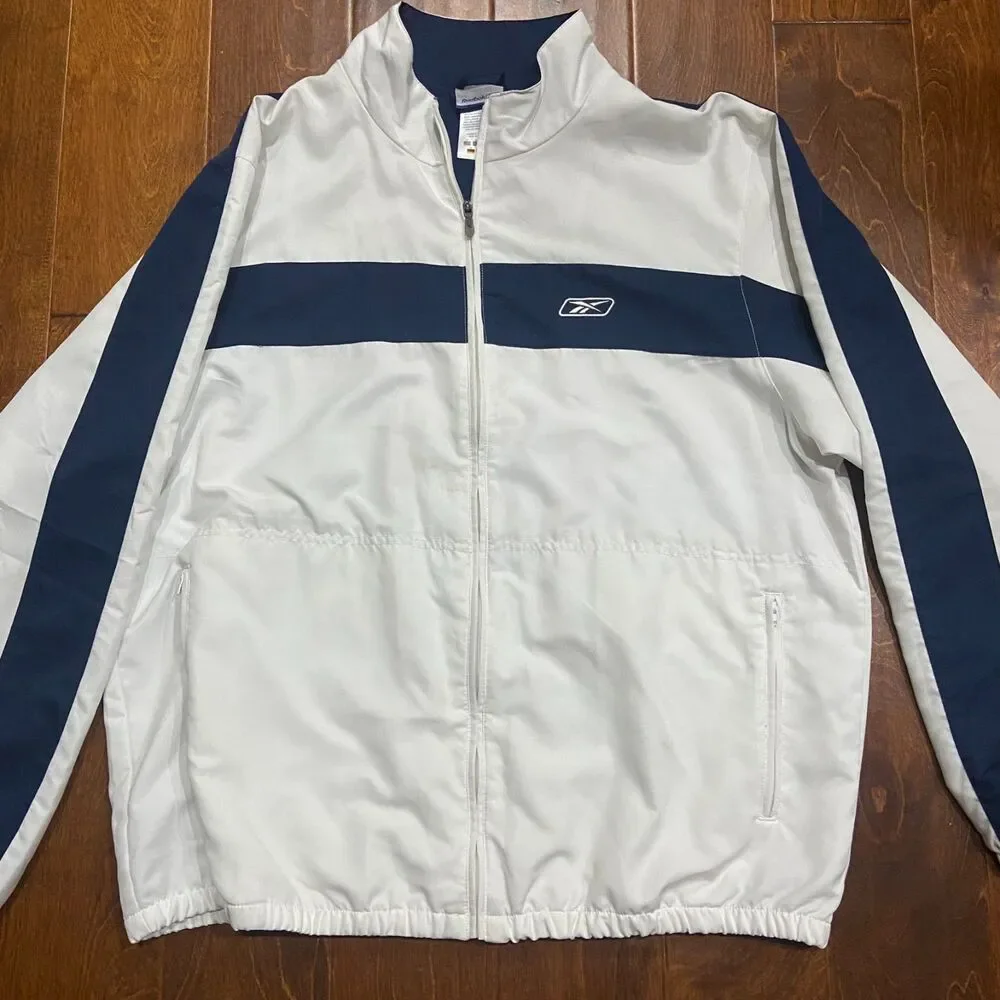 Reebok Athletic Vintage Y2K Full Zip White Navy Windbreaker Jacket Men's Size XL